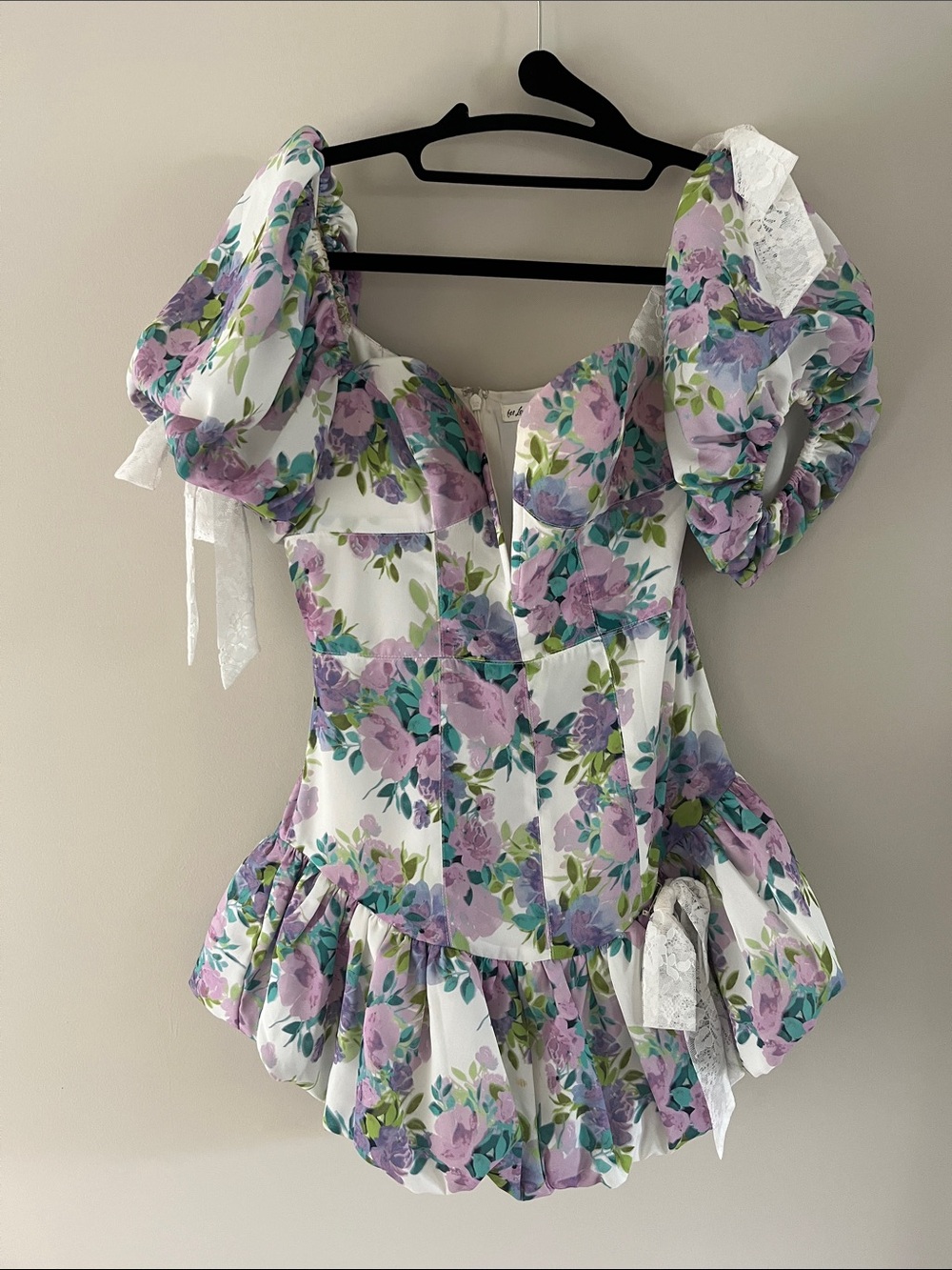 For Love & Lemons White Floral Puff-Sleeve Tunic with Purple & Green Blossoms
